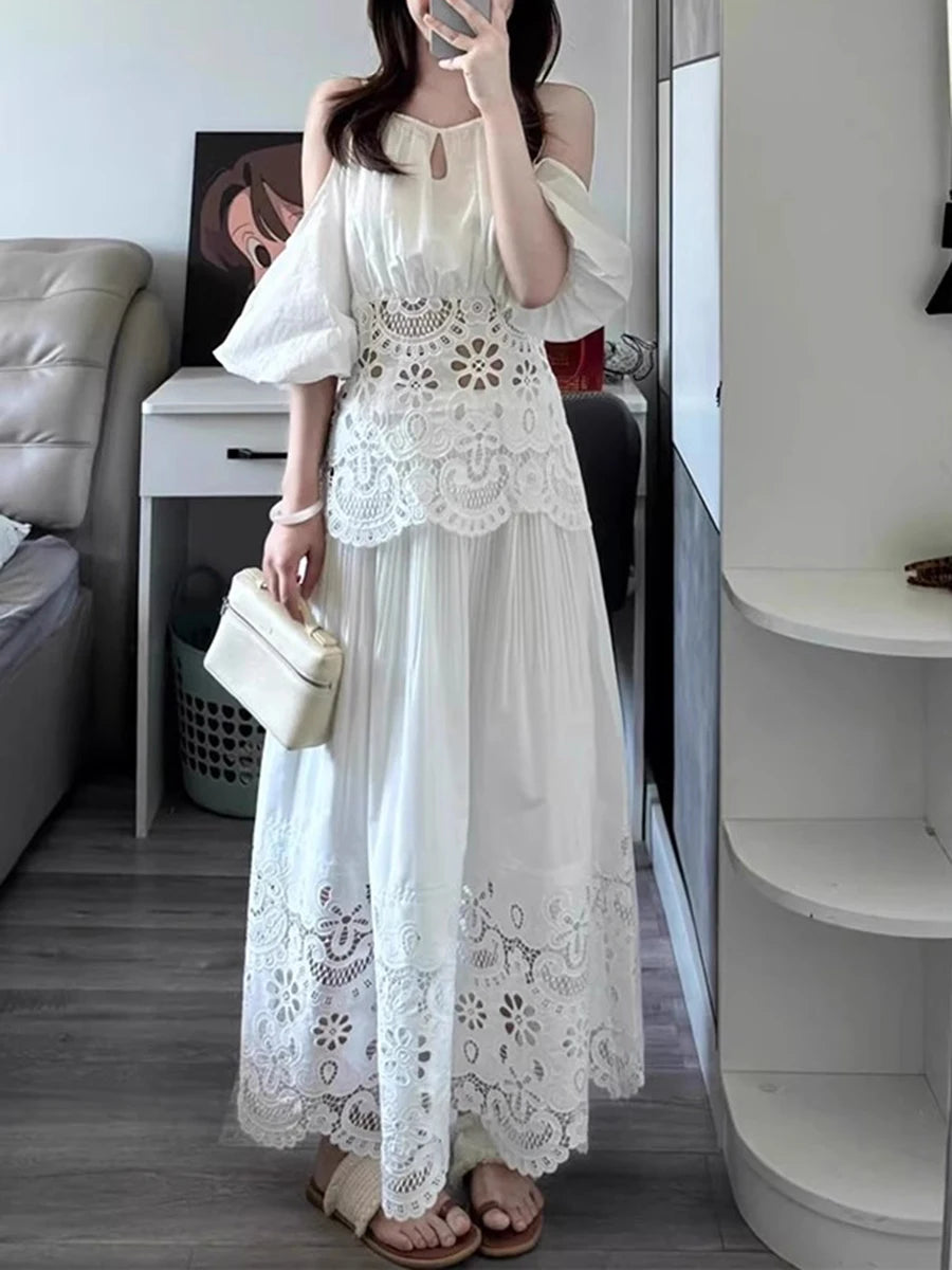 Solid Hollow Out Square Neck Falling Shoulder Sleeves Top High Waist Skirt Sets