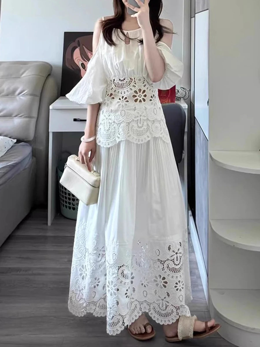 Solid Hollow Out Square Neck Falling Shoulder Sleeves Top High Waist Skirt Sets