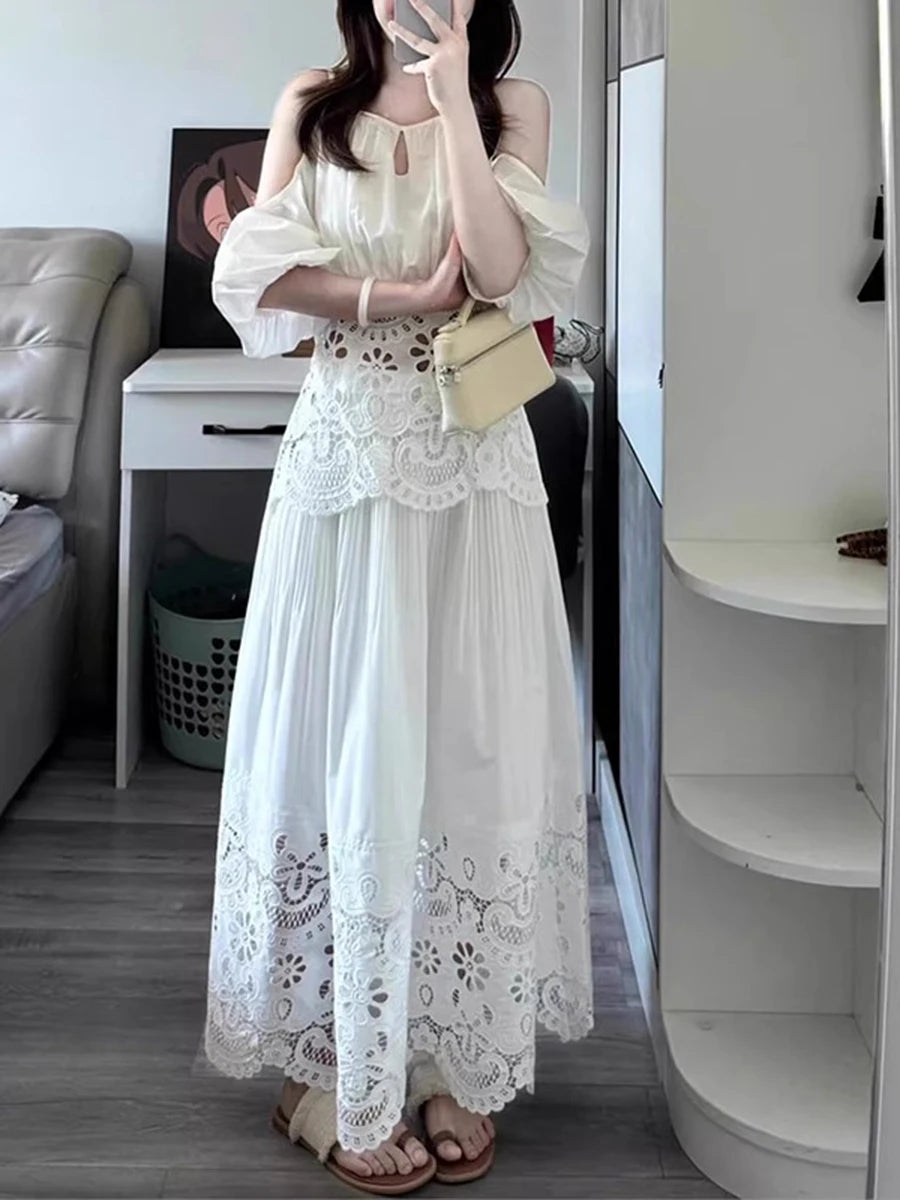 Solid Hollow Out Square Neck Falling Shoulder Sleeves Top High Waist Skirt Sets