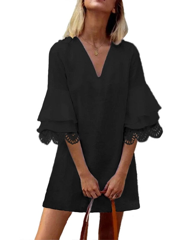 Solid Lace Ruffle V-neck Half Sleeve V-neck Casual Dress