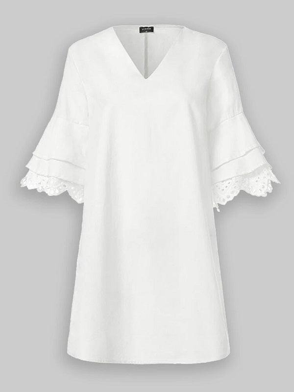 Solid Lace Ruffle V-neck Half Sleeve V-neck Casual Dress