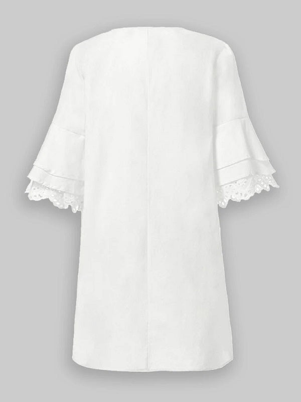 Solid Lace Ruffle V-neck Half Sleeve V-neck Casual Dress