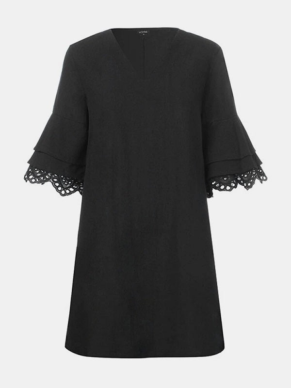 Solid Lace Ruffle V-neck Half Sleeve V-neck Casual Dress