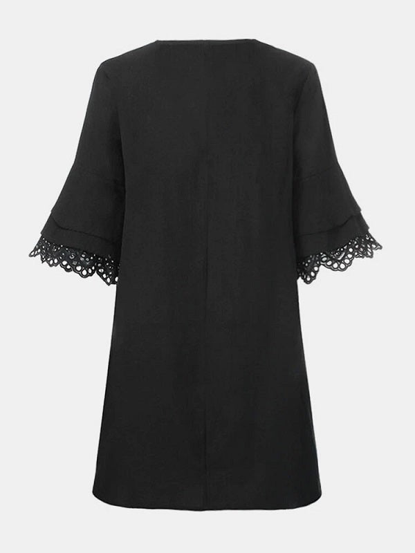 Solid Lace Ruffle V-neck Half Sleeve V-neck Casual Dress