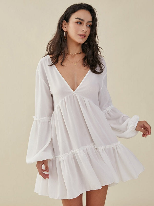 Solid Lantern Sleeve Ruffle Trim V-neck Open Back Dress