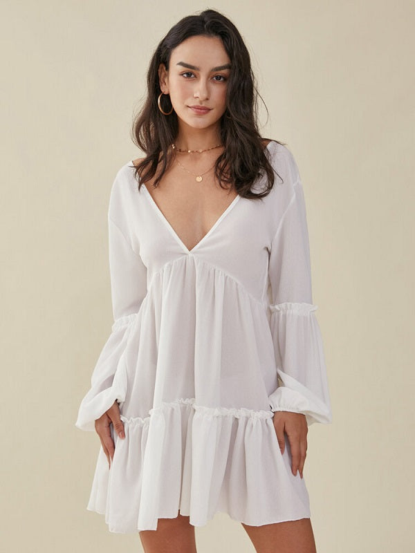 Solid Lantern Sleeve Ruffle Trim V-neck Open Back Dress