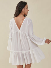 Solid Lantern Sleeve Ruffle Trim V-neck Open Back Dress