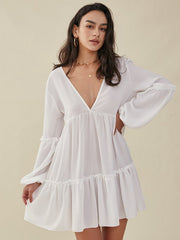 Solid Lantern Sleeve Ruffle Trim V-neck Open Back Dress