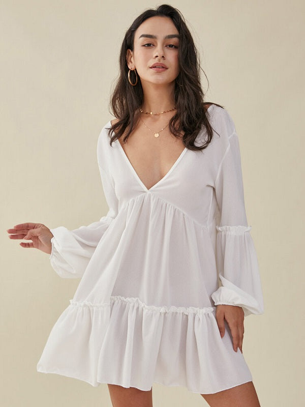 Solid Lantern Sleeve Ruffle Trim V-neck Open Back Dress