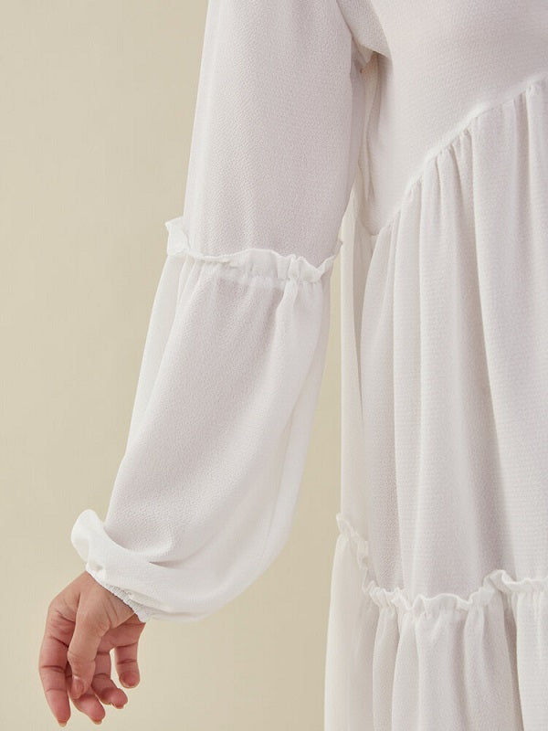 Solid Lantern Sleeve Ruffle Trim V-neck Open Back Dress