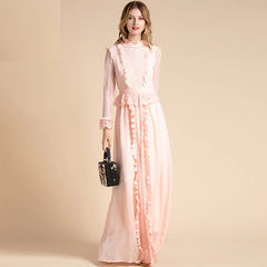 Solid Long Sleeve Flowers Lace Peplum Ruffles Chiffon Long Dress