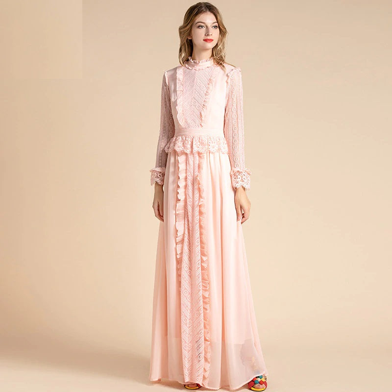 Solid Long Sleeve Flowers Lace Peplum Ruffles Chiffon Long Dress