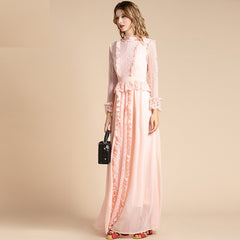 Solid Long Sleeve Flowers Lace Peplum Ruffles Chiffon Long Dress