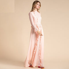 Solid Long Sleeve Flowers Lace Peplum Ruffles Chiffon Long Dress