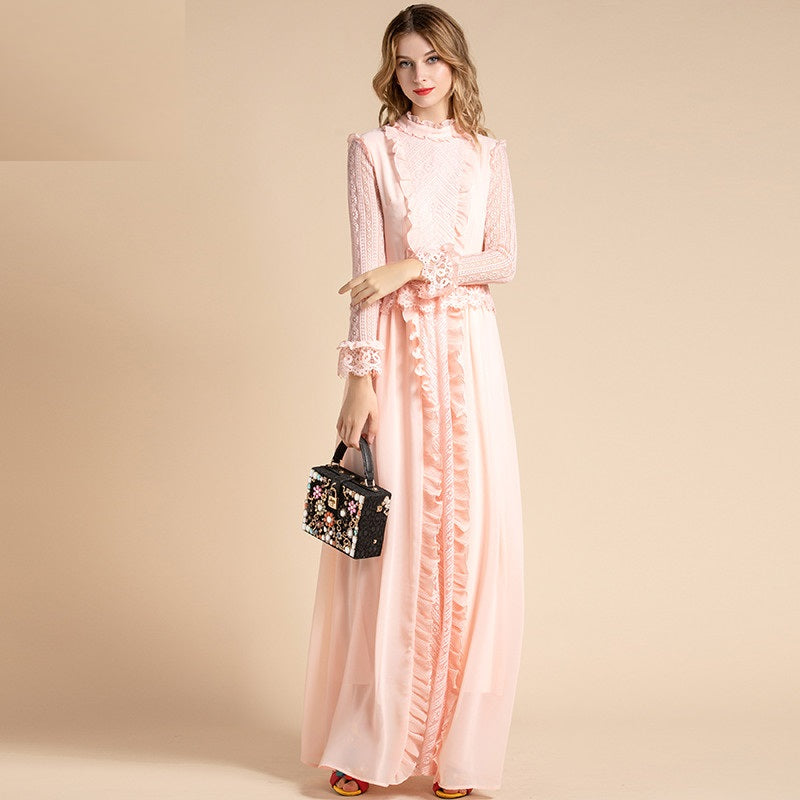 Solid Long Sleeve Flowers Lace Peplum Ruffles Chiffon Long Dress