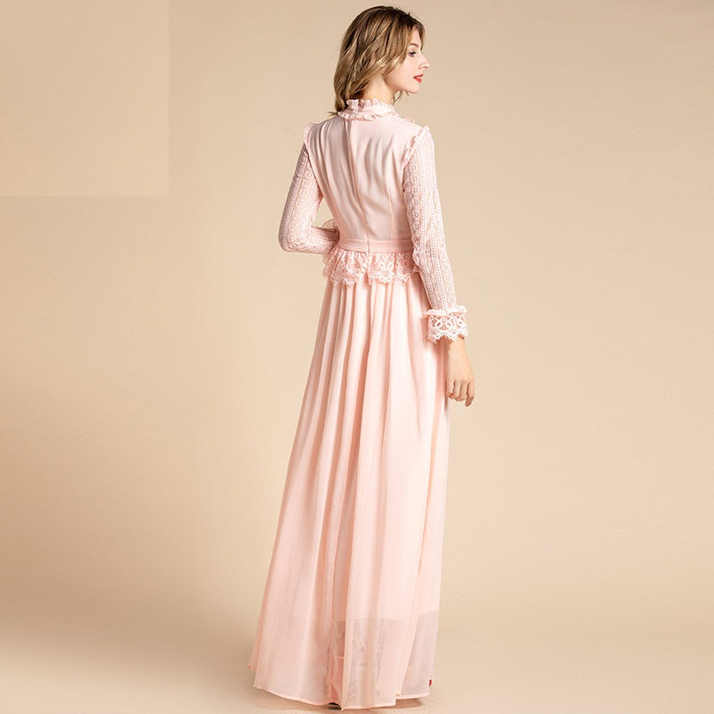 Solid Long Sleeve Flowers Lace Peplum Ruffles Chiffon Long Dress