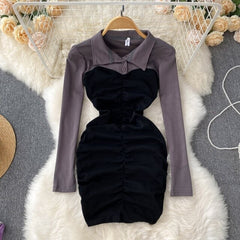 Solid Long Sleeve Splice Lapel Mini Dress