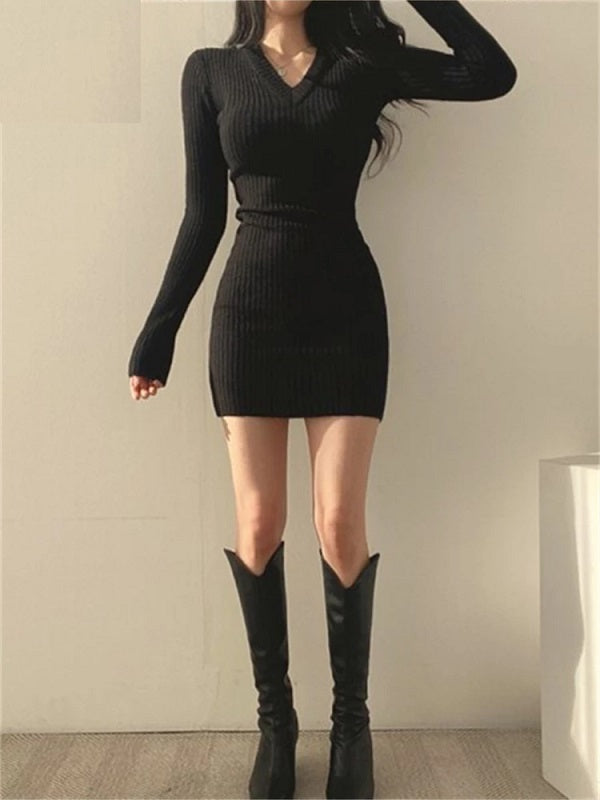 Solid Long Sleeve V Neck Slim Dress