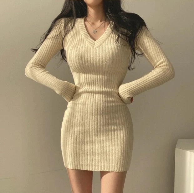 Solid Long Sleeve V Neck Slim Dress
