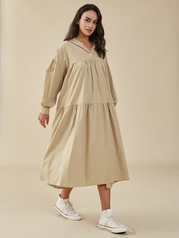 Solid Loose Hooded Pocket Long Sleeve Casual Dress