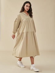 Solid Loose Hooded Pocket Long Sleeve Casual Dress