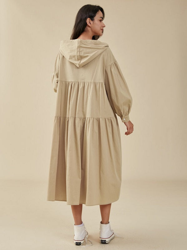 Solid Loose Hooded Pocket Long Sleeve Casual Dress