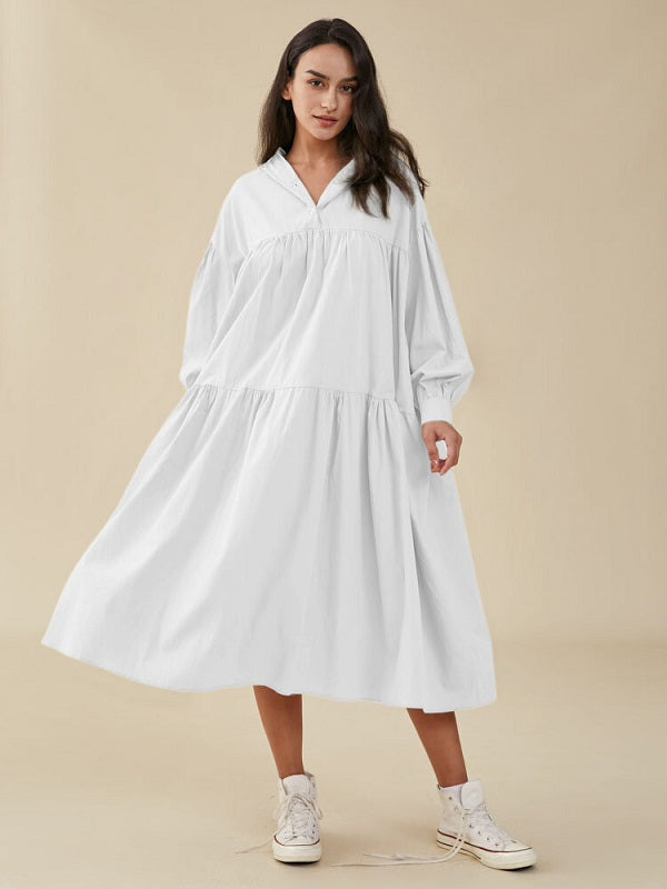 Solid Loose Hooded Pocket Long Sleeve Casual Dress