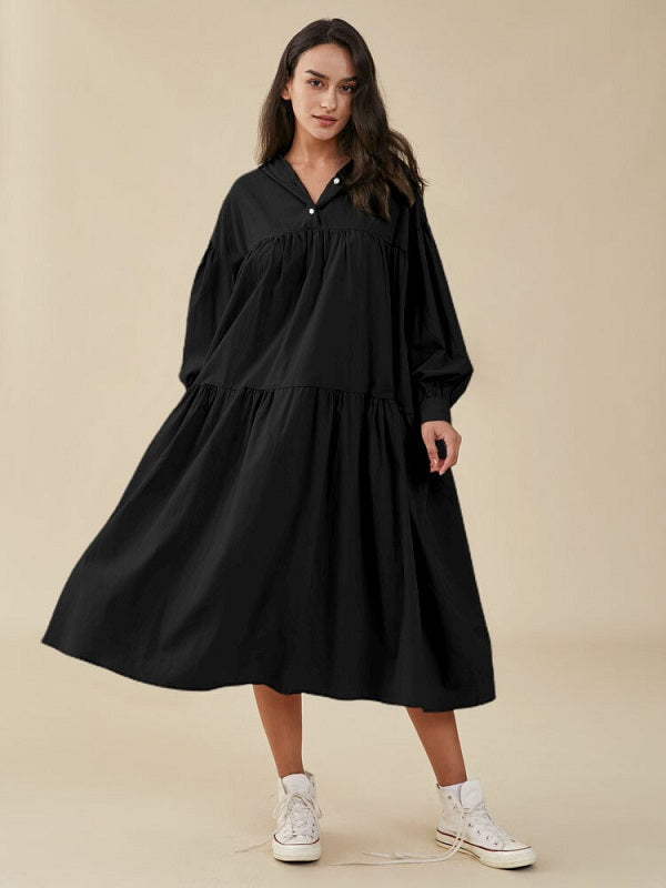 Solid Loose Hooded Pocket Long Sleeve Casual Dress