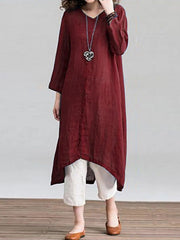 Solid Loose Round Neck Button Down Front Dress
