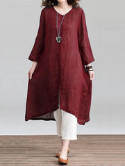 Solid Loose Round Neck Button Down Front Dress