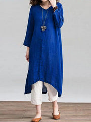 Solid Loose Round Neck Button Down Front Dress