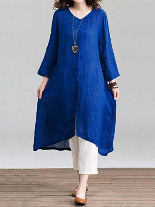 Solid Loose Round Neck Button Down Front Dress