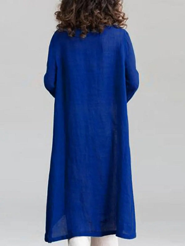 Solid Loose Round Neck Button Down Front Dress