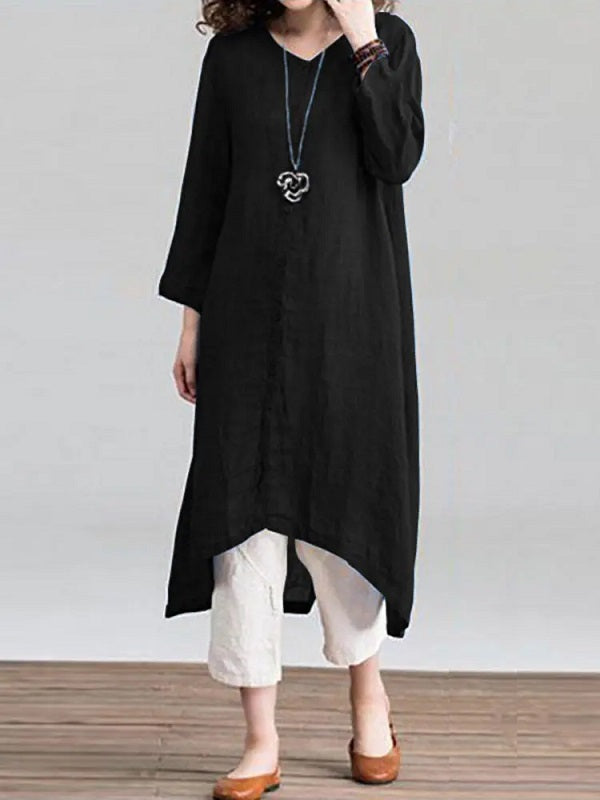 Solid Loose Round Neck Button Down Front Dress