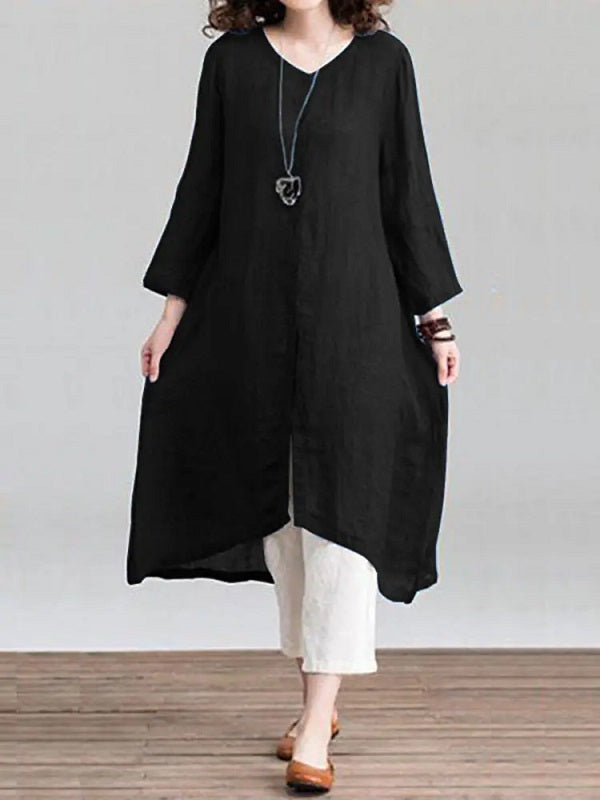 Solid Loose Round Neck Button Down Front Dress