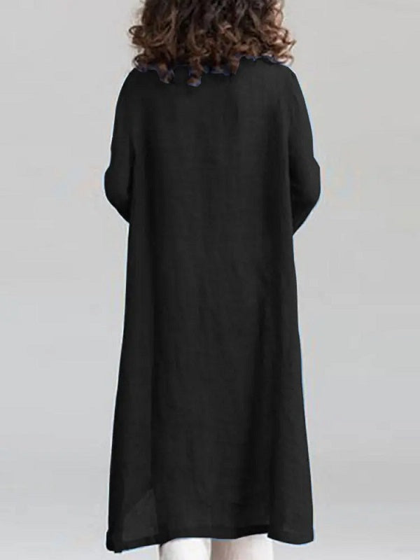 Solid Loose Round Neck Button Down Front Dress
