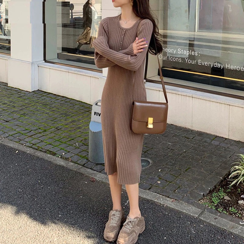 Solid O-Neck Bodycon Thick Sweater Dress