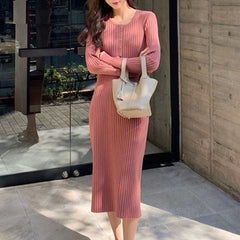 Solid O-Neck Bodycon Thick Sweater Dress
