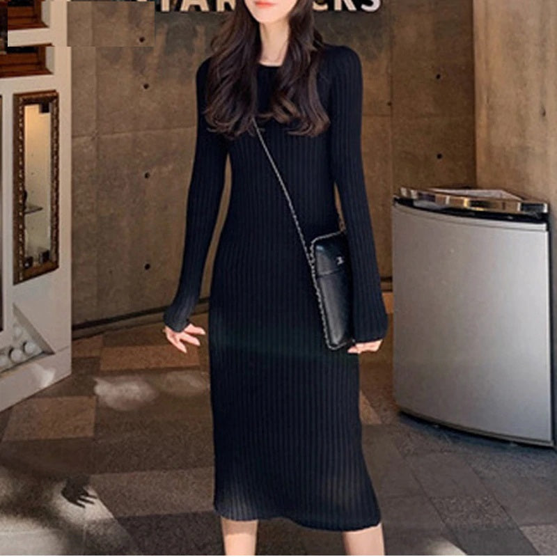 Solid O-Neck Bodycon Thick Sweater Dress
