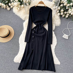 Solid O Neck Casual A Line Sweater Long Slim  Dresses