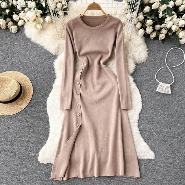 Solid O Neck Casual A Line Sweater Long Slim  Dresses
