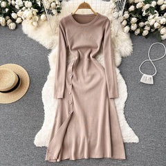 Solid O Neck Casual A Line Sweater Long Slim  Dresses