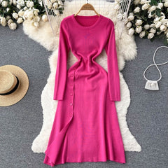 Solid O Neck Casual A Line Sweater Long Slim  Dresses