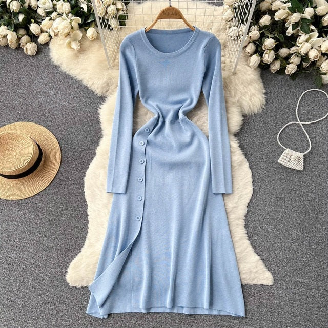 Solid O Neck Casual A Line Sweater Long Slim  Dresses