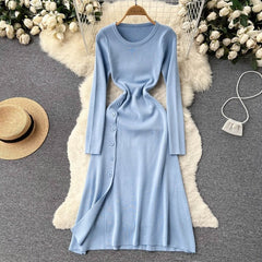 Solid O Neck Casual A Line Sweater Long Slim  Dresses