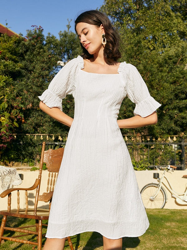 Solid Puff Sleeve Ruffle Trim Square Collar Elegant Dress
