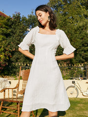 Solid Puff Sleeve Ruffle Trim Square Collar Elegant Dress