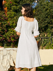 Solid Puff Sleeve Ruffle Trim Square Collar Elegant Dress