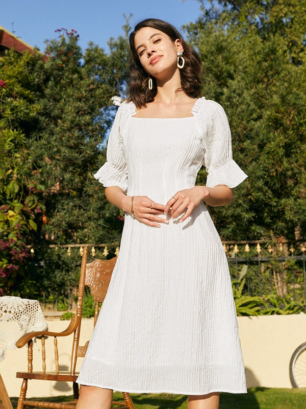 Solid Puff Sleeve Ruffle Trim Square Collar Elegant Dress