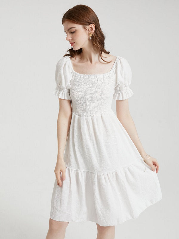 Solid Puff Sleeve Shirred Square Collar Dress